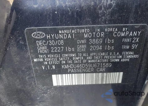 2009 Hyundai Elantra Gls z USA, uszkodzony, nr VIN KMHDU46D59U671589